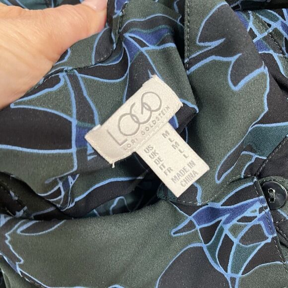 LOGO Lori Goldstein Blouse Tunic size Medium Olive Green Blue Floral Ruffle Slim - Picture 12 of 12